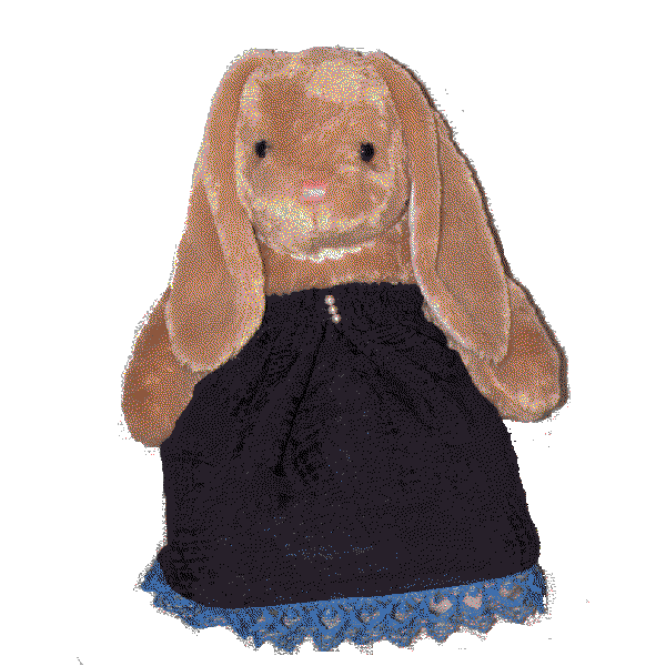 stuffed animal bunny in a strapless black dress with blue lace trim at the hem