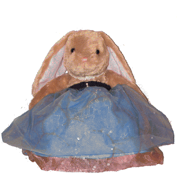 stuffed animal bunny in a gown with a blue and purple layered tulle skirt
