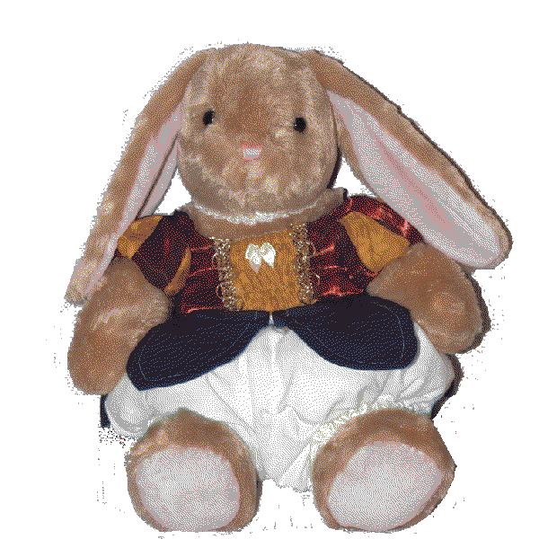 stuffed animal bunny in a blue, yellow, and red dress with gold accents with puffy sleeves and a petal skirt.